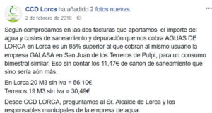 CCD LORCA DENUNCIA QUE EL AGUA EN LORCA ES UN 85% MAS CARA QUE EN OTRAS POBLACIONES CERCANAS.