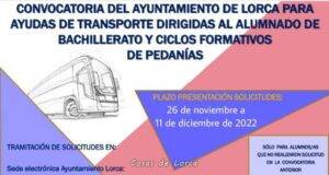 El Ayuntamiento de Lorca informa de la apertura del plazo para solicitar ayudas al transporte para alumnos y alumnas de Bachillerato y FP residentes en pedanías del municipio