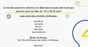 Corte del suministro eléctrico en distintos enclaves del municipio previsto para los días 24, 25 y 28 de junio
