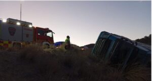 Herido el conductor de un camión volcado en la N342 cargado de cerdos