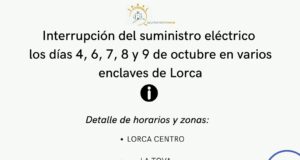 Corte del suministro eléctrico los días 4, 6, 7, 8 y 9 de octubre en varios enclaves de Lorca