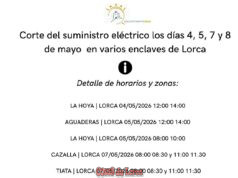Corte del suministro eléctrico los días 4, 5, 7 y 8 de mayo en varios enclaves de Lorca corte del suministro eléctrico los días 4, 5, 7 y 8 de mayo en varios enclaves de lorca