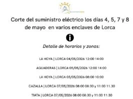 corte del suministro eléctrico los días 4, 5, 7 y 8 de mayo en varios enclaves de lorca
