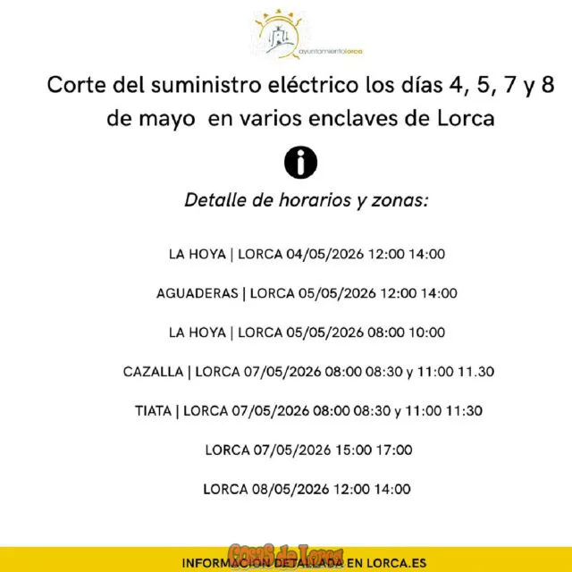 corte del suministro eléctrico los días 4, 5, 7 y 8 de mayo en varios enclaves de lorca