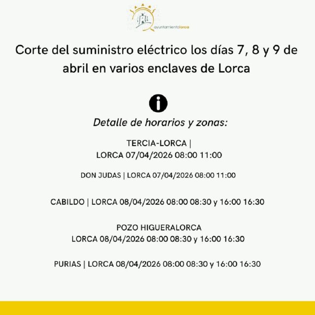 corte del suministro eléctrico los días 7, 8 y 9 de abril en varios enclaves de lorca