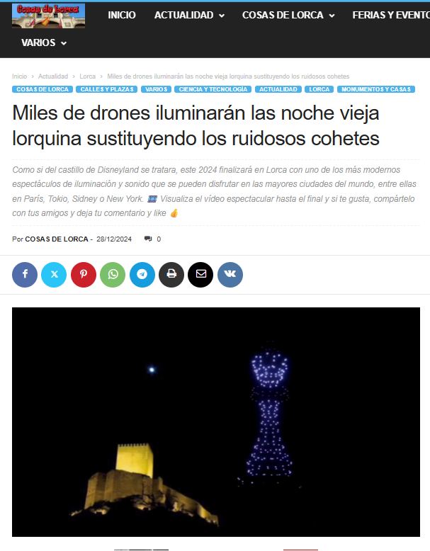 "Nunca es tarde, si la dicha es buena". Tras casi dos años desde nuestra propuesta de sustituir los ruidosos cohetes por espectáculos de drones, nuestro Ayuntamiento de Lorca realizará un espectáculo de drones luminosos, en el Huerto de la Rueda, para culminar la noche de los museos. Bienvenida la iniciativa!. Ver propuesta de 2024 👉 https://cosasdelorca.com/miles-de-drones-iluminaran-las-noche-vieja-lorquina-sustituyendo-los-ruidosos-cohetes-id.44338.html