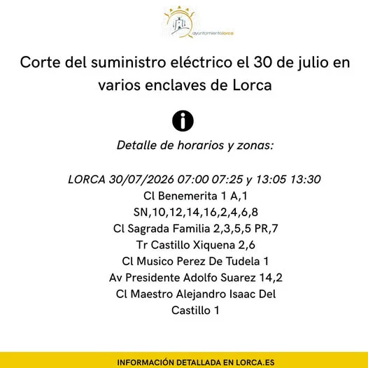 corte del suministro eléctrico el día 30 de julio en varios enclaves de lorca